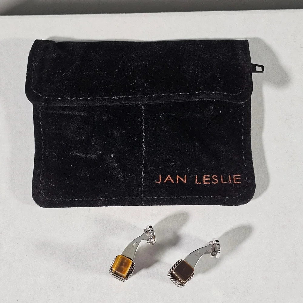 Jan Leslie Cufflinks Mens OS Brown Tigers Eye Sterling Silver 925 Rope Detail